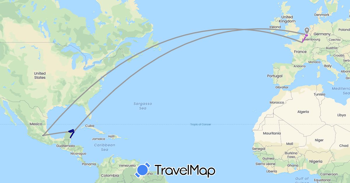 TravelMap itinerary: driving, plane, train in Belgium, France, Mexico (Europe, North America)